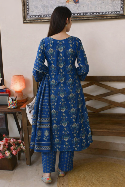 Women’s Blue Printed Kurta Pant Set with Dupatta – Elegant Ethnic Suit