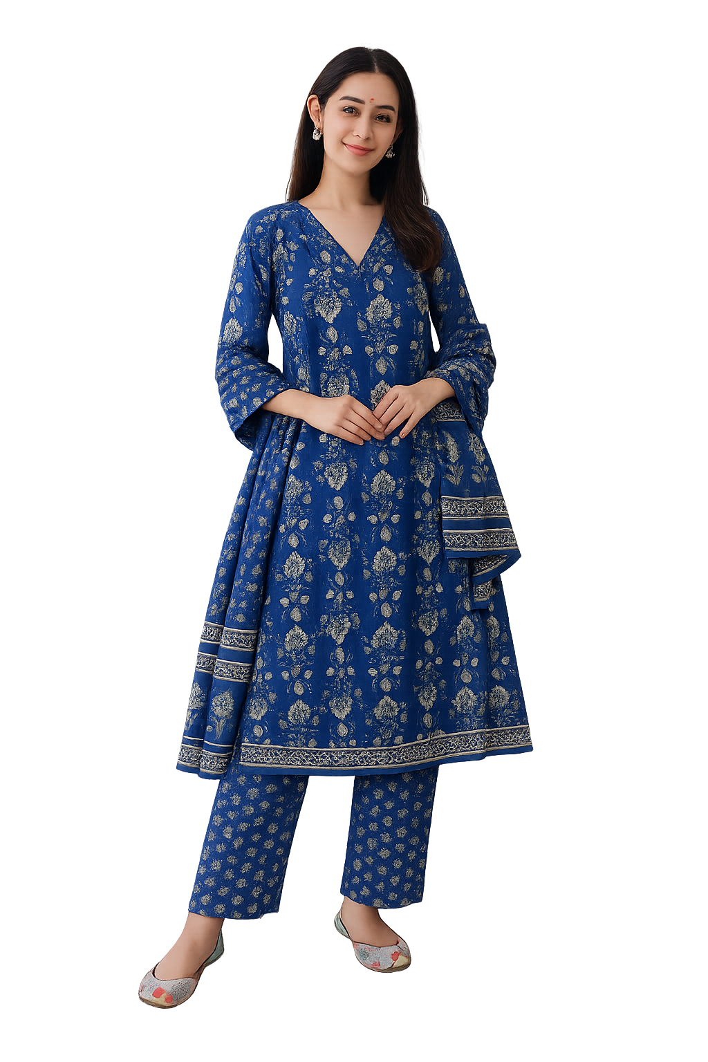 Woman wearing a blue traditional outfit with a white background