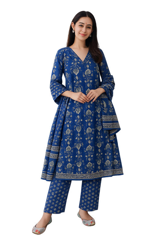 Woman wearing a blue traditional outfit with a white background