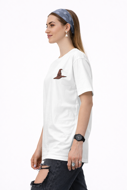 Pd Clori Wizard Hat T-Shirt | Minimal Magic Graphic Tee for Women | Aesthetic White Cotton