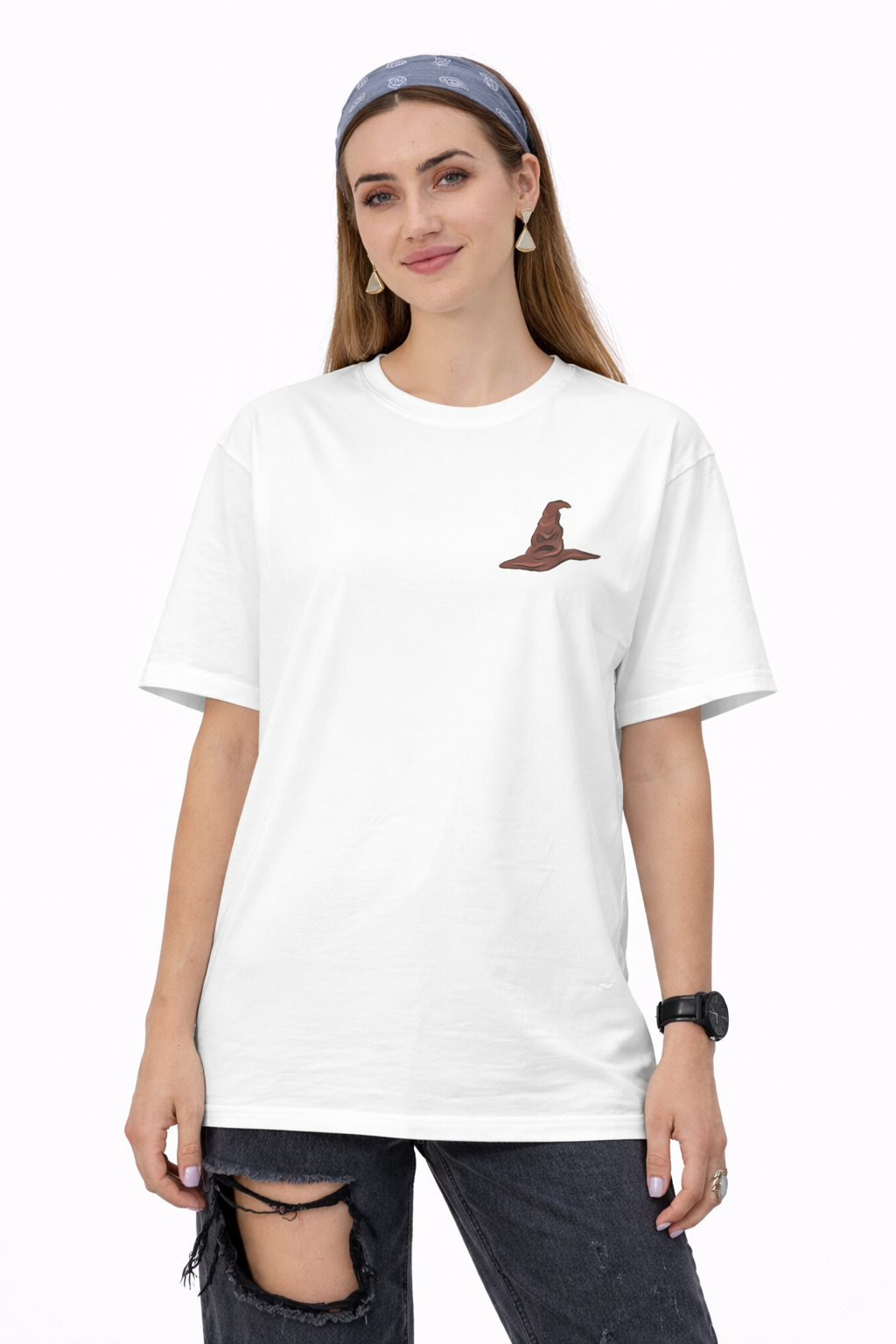 Pd Clori Wizard Hat T-Shirt | Minimal Magic Graphic Tee for Women | Aesthetic White Cotton