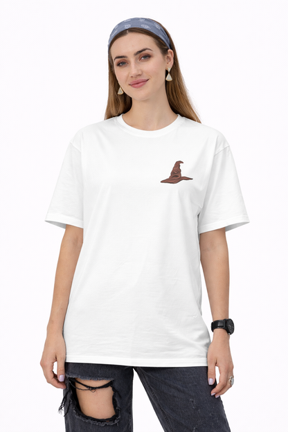 Pd Clori Wizard Hat T-Shirt | Minimal Magic Graphic Tee for Women | Aesthetic White Cotton
