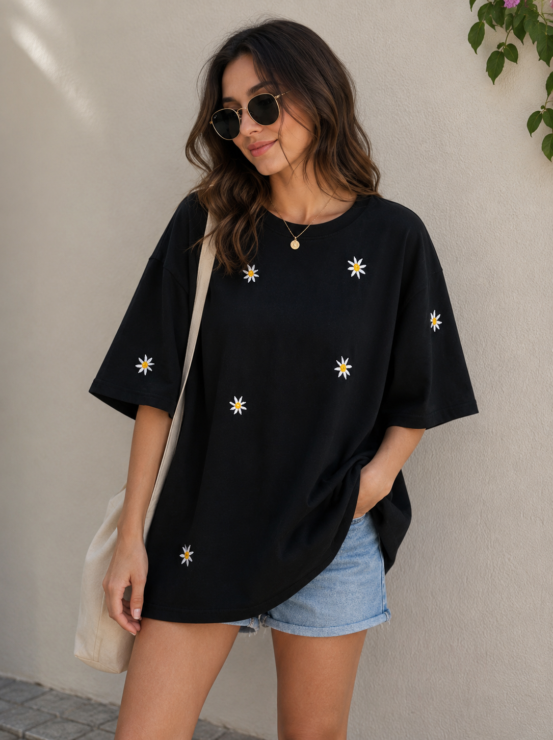 Black Oversized Daisy Printed T-Shirt for Women | Trendy Casual Oversize Tee by Pd Clori