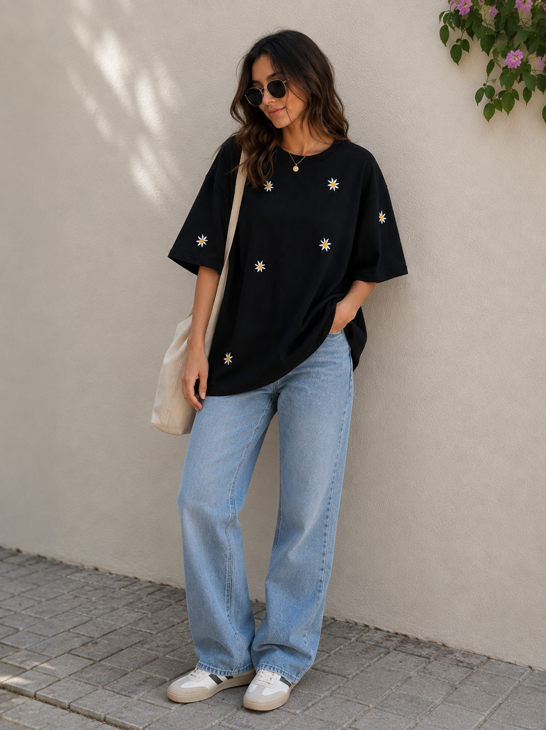 Black Oversized Daisy Printed T-Shirt for Women | Trendy Casual Oversize Tee by Pd Clori