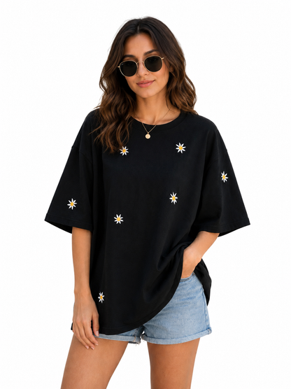Black Oversized Daisy Printed T-Shirt for Women | Trendy Casual Oversize Tee by Pd Clori