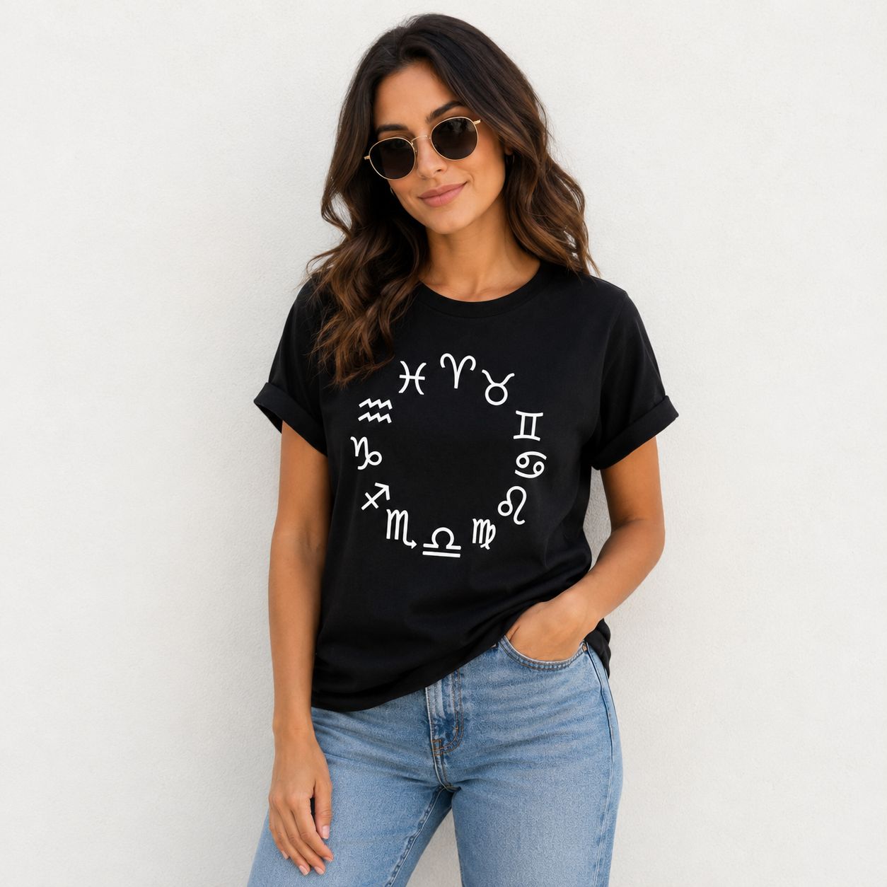 Black Zodiac Sign Printed T-Shirt for Women | Aesthetic Astrology Graphic Tee by Pd Clori