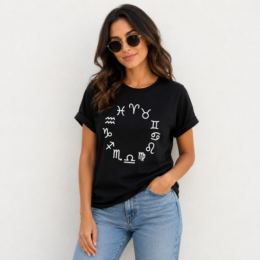 Black Zodiac Sign Printed T-Shirt for Women | Aesthetic Astrology Graphic Tee by Pd Clori