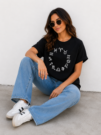 Black Zodiac Sign Printed T-Shirt for Women | Aesthetic Astrology Graphic Tee by Pd Clori