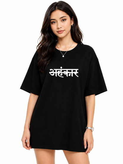 Black “अहंकार” Oversized T-Shirt Dress for Women | Bold Typography Streetwear Tee by Pd Clori