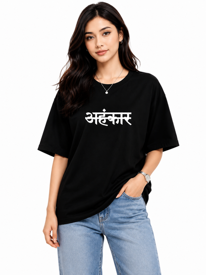 Black “अहंकार” Oversized T-Shirt Dress for Women | Bold Typography Streetwear Tee by Pd Clori