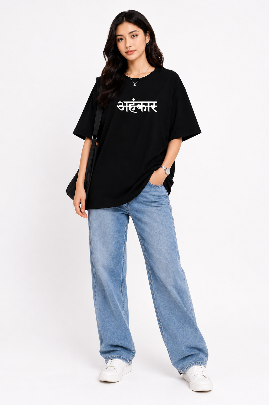 Black “अहंकार” Oversized T-Shirt Dress for Women | Bold Typography Streetwear Tee by Pd Clori