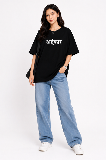 Black “अहंकार” Oversized T-Shirt Dress for Women | Bold Typography Streetwear Tee by Pd Clori