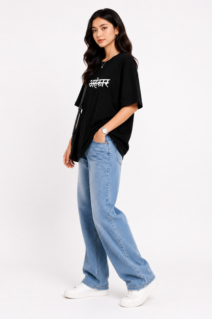 Black “अहंकार” Oversized T-Shirt Dress for Women | Bold Typography Streetwear Tee by Pd Clori
