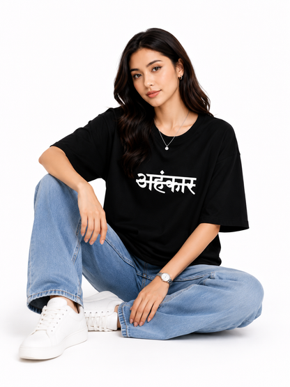 Black “अहंकार” Oversized T-Shirt Dress for Women | Bold Typography Streetwear Tee by Pd Clori