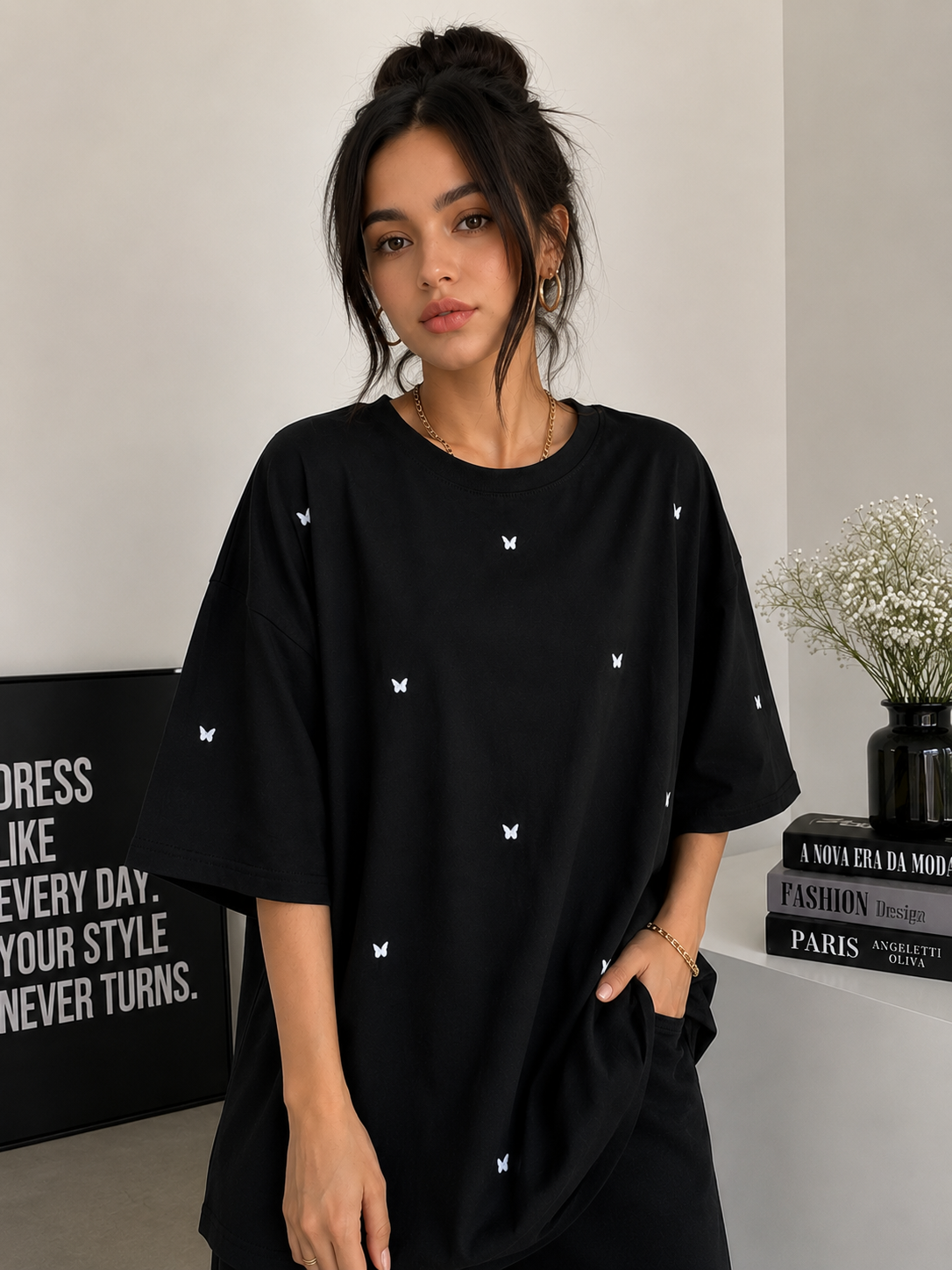 Black Butterfly Print Oversized T-Shirt for Women | Aesthetic Casual Tee by Pd Clori