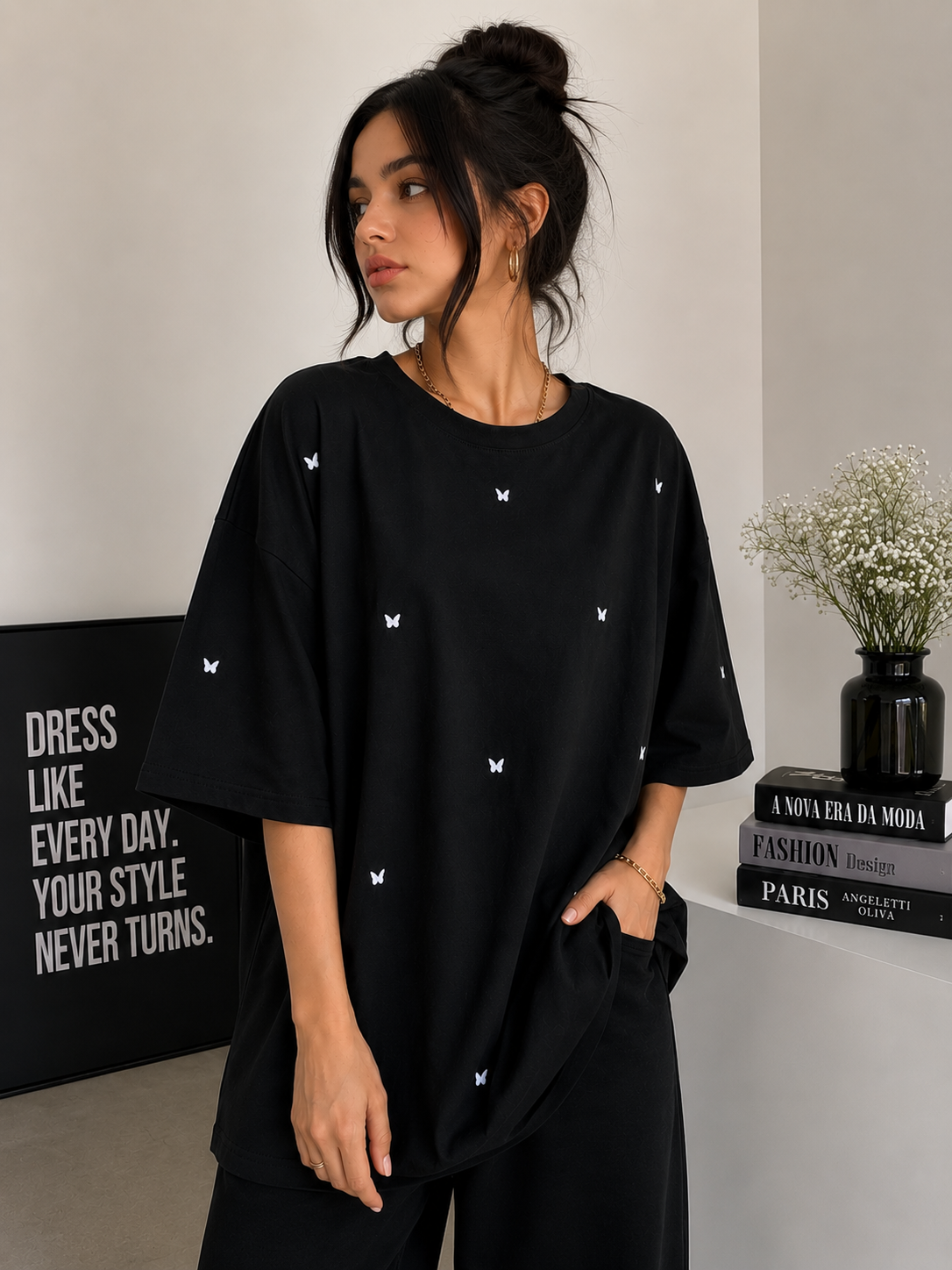 Black Butterfly Print Oversized T-Shirt for Women | Aesthetic Casual Tee by Pd Clori