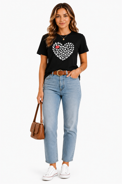 Heart Print Black T-Shirt Outfit for Women | Casual Everyday Fashion Look