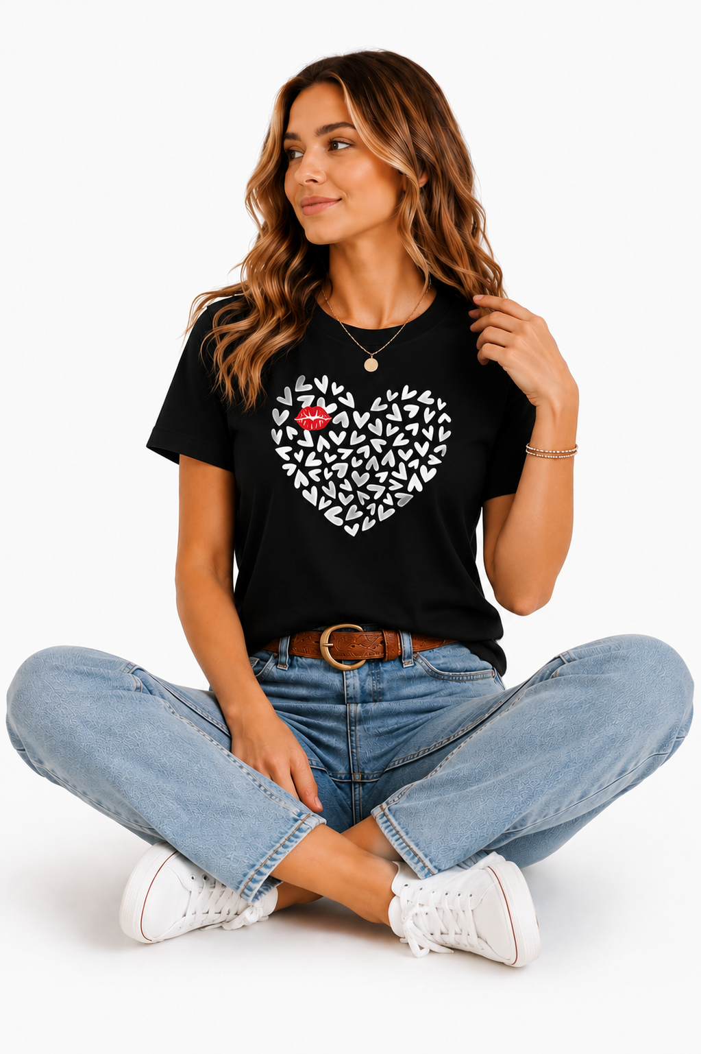 Heart Print Black T-Shirt Outfit for Women | Casual Everyday Fashion Look