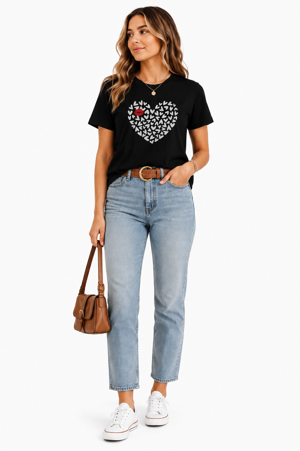 Heart Print Black T-Shirt Outfit for Women | Casual Everyday Fashion Look