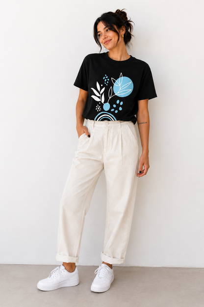 Abstract Blue Leaf Graphic Black T-Shirt for Women | Aesthetic Casual Outfit