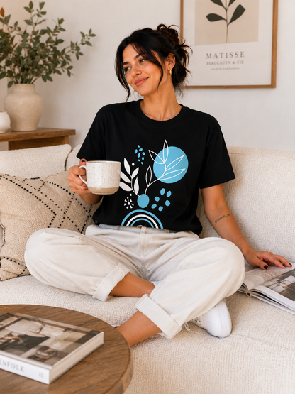 Abstract Blue Leaf Graphic Black T-Shirt for Women | Aesthetic Casual Outfit