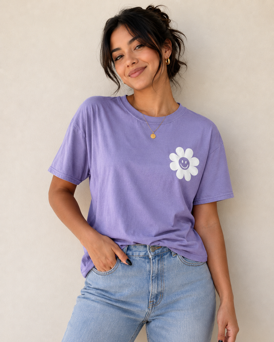 Purple Smiley Flower Graphic T-Shirt for Women | Cute Aesthetic Casual Tee