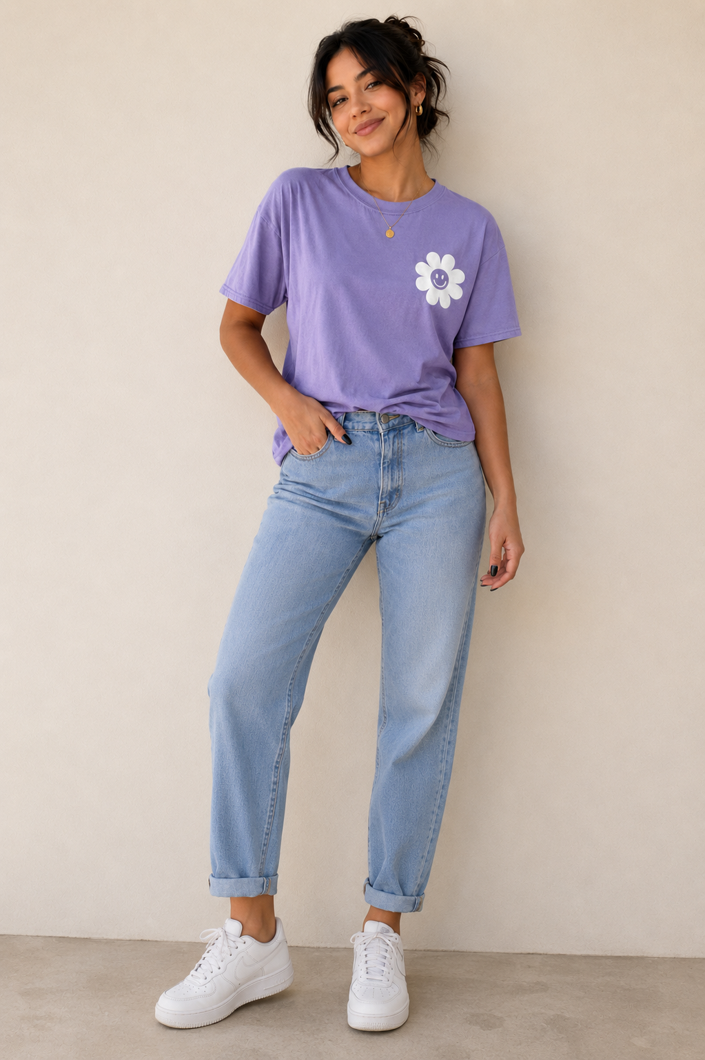Purple Smiley Flower Graphic T-Shirt for Women | Cute Aesthetic Casual Tee