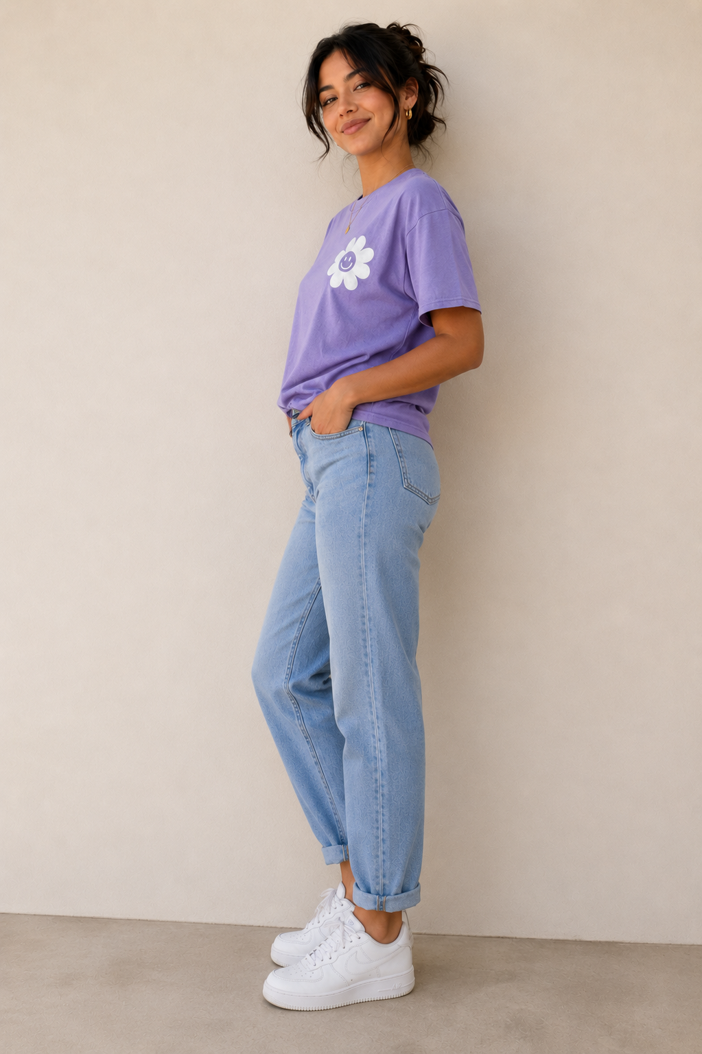 Purple Smiley Flower Graphic T-Shirt for Women | Cute Aesthetic Casual Tee