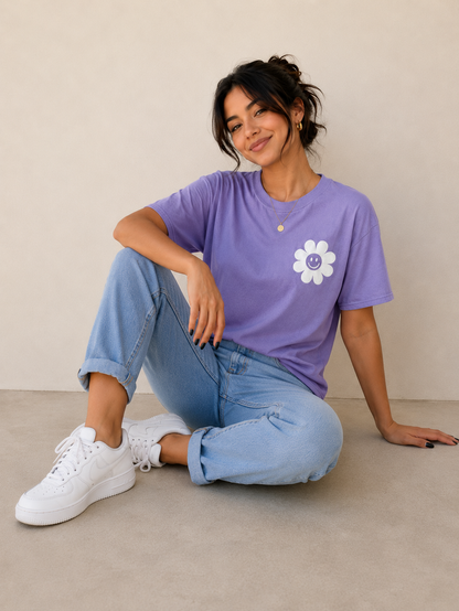 Purple Smiley Flower Graphic T-Shirt for Women | Cute Aesthetic Casual Tee