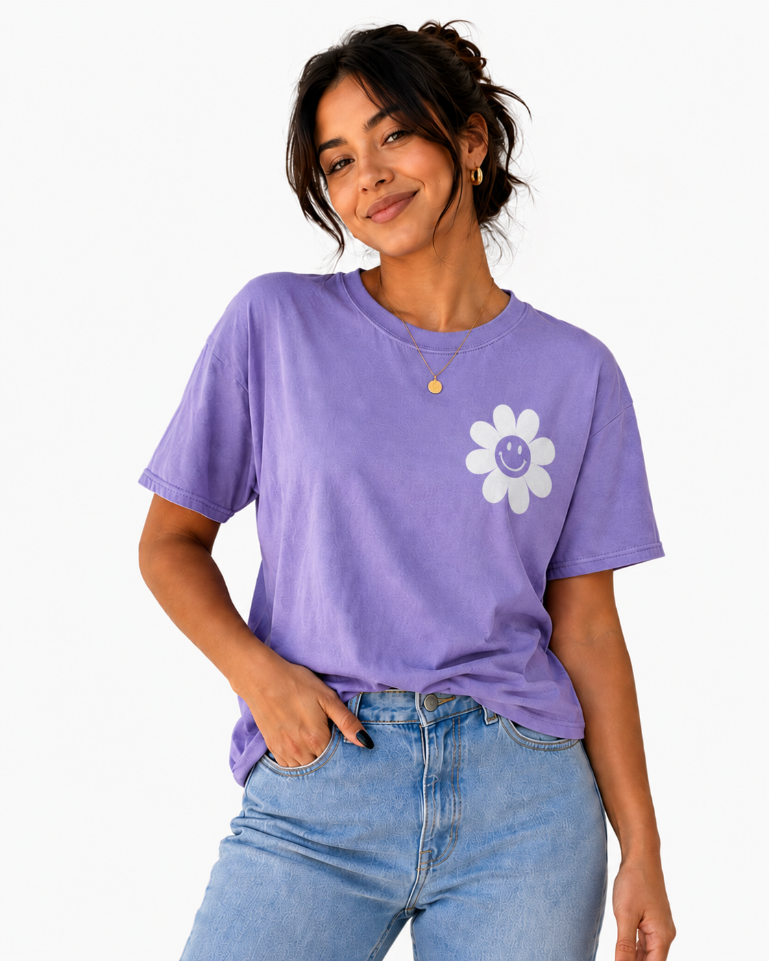 Purple Smiley Flower Graphic T-Shirt for Women | Cute Aesthetic Casual Tee