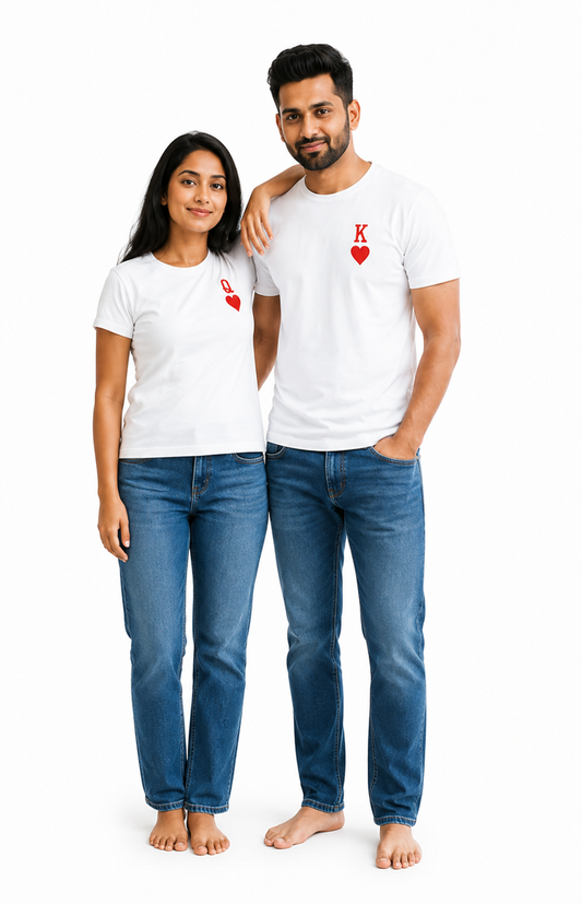 King & Queen Couple White T-Shirts for Men & Women | Matching Couple Tees by Pd Clori