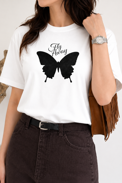 Fly Away Butterfly Graphic White T-Shirt for Women