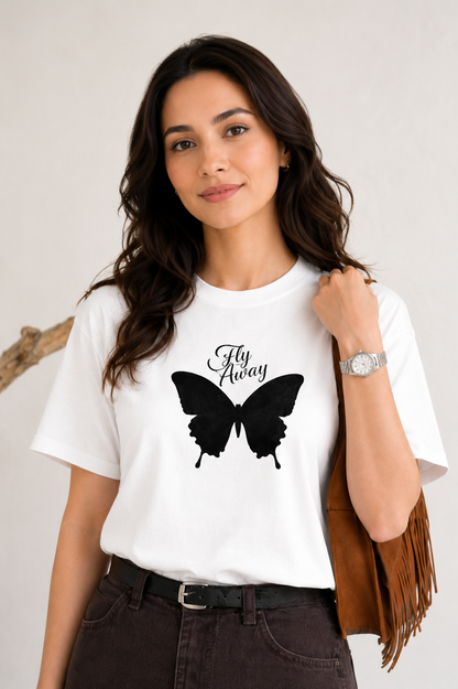 Fly Away Butterfly Graphic White T-Shirt for Women