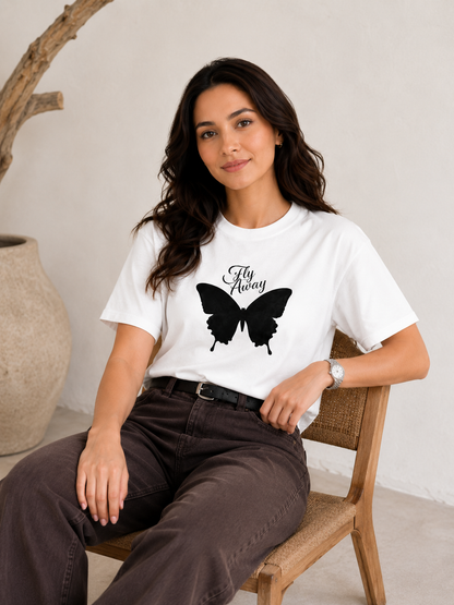 Fly Away Butterfly Graphic White T-Shirt for Women