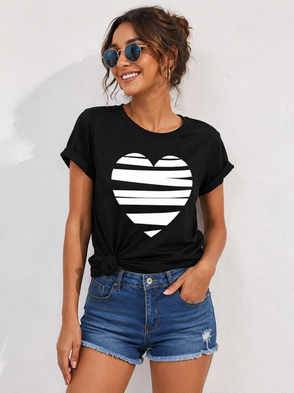 Black Heart Graphic T-Shirt for Women | Minimal Striped Heart Casual Tee by Pd Clori