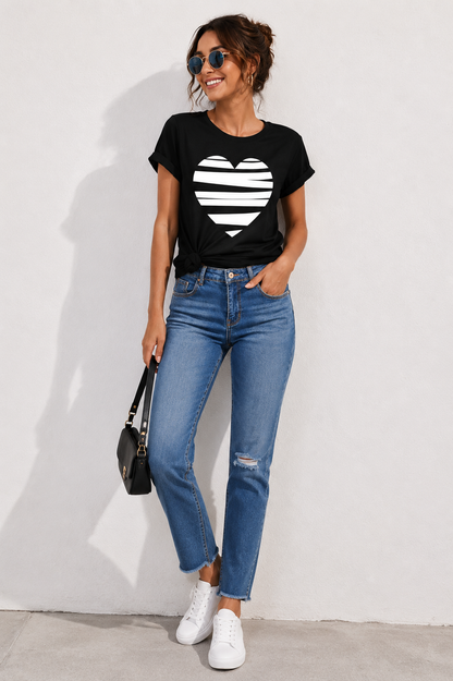 Black Heart Graphic T-Shirt for Women | Minimal Striped Heart Casual Tee by Pd Clori
