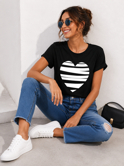 Black Heart Graphic T-Shirt for Women | Minimal Striped Heart Casual Tee by Pd Clori