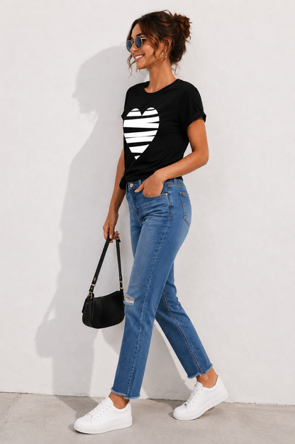 Black Heart Graphic T-Shirt for Women | Minimal Striped Heart Casual Tee by Pd Clori