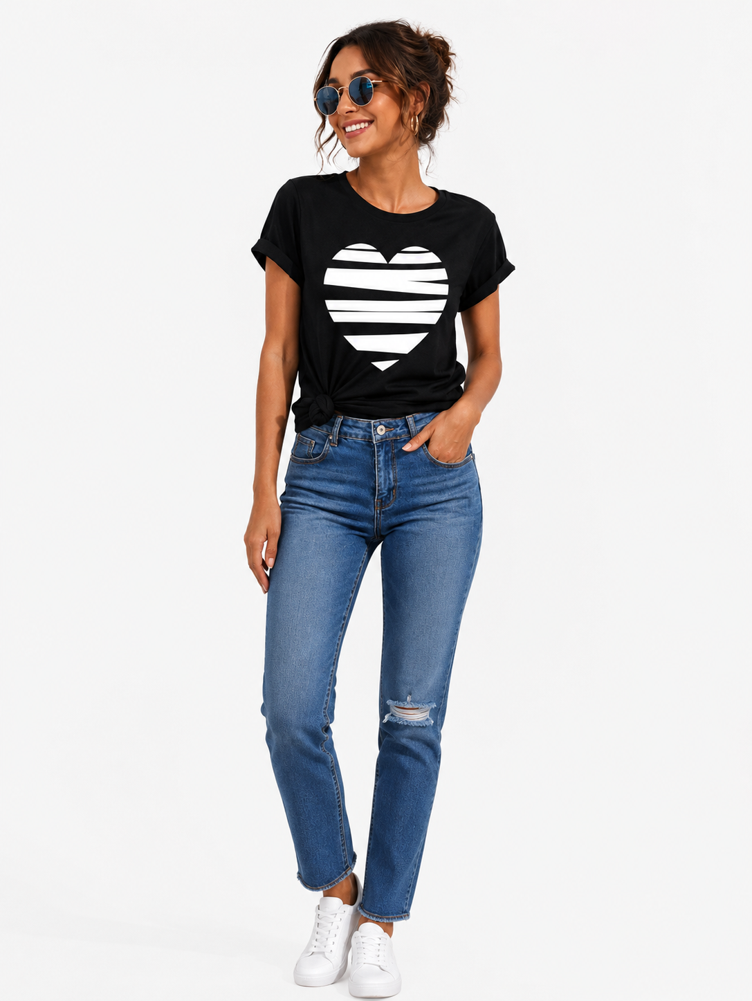 Black Heart Graphic T-Shirt for Women | Minimal Striped Heart Casual Tee by Pd Clori