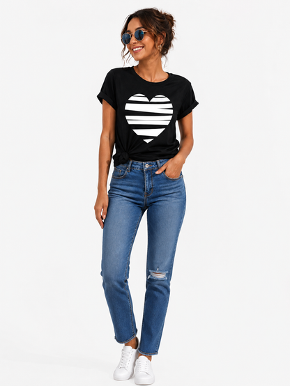 Black Heart Graphic T-Shirt for Women | Minimal Striped Heart Casual Tee by Pd Clori