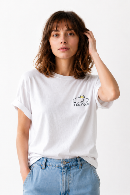 Dreamer Cloud Graphic T-Shirt for Women | Minimalist Inspirational Casual Cotton Tee