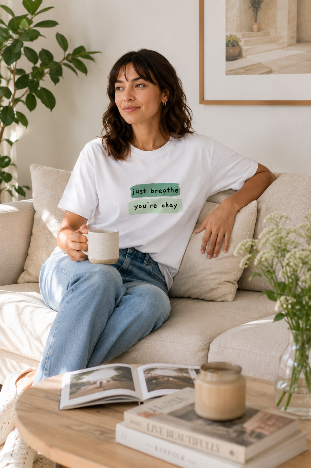 Just Breathe You're Okay Graphic T-Shirt for Women – Positive Affirmation Oversized Tee | Motivational Casual Top