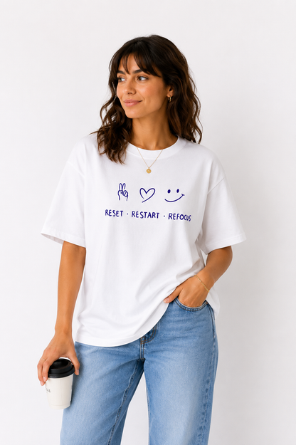 Reset Restart Refocus T-Shirt | Motivational Graphic Tee for Women | Positive Mindset Oversized Shirt
