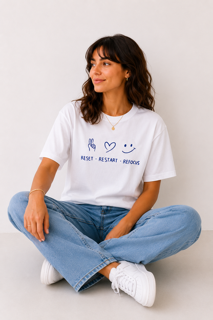 Reset Restart Refocus T-Shirt | Motivational Graphic Tee for Women | Positive Mindset Oversized Shirt