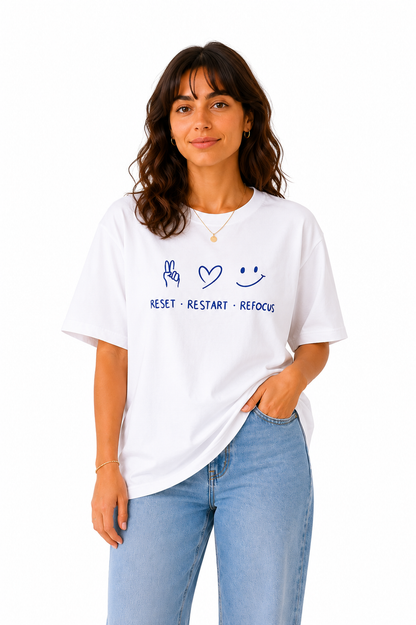 Reset Restart Refocus T-Shirt | Motivational Graphic Tee for Women | Positive Mindset Oversized Shirt