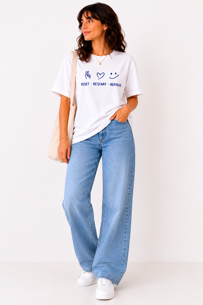 Reset Restart Refocus T-Shirt | Motivational Graphic Tee for Women | Positive Mindset Oversized Shirt