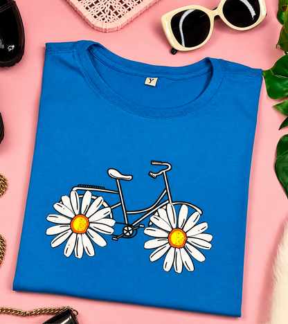 Blooming Bicycle Graphic T-Shirt for Women – Cute Daisy Floral Tee | Casual Summer Cotton Top