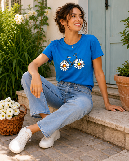 Blooming Bicycle Graphic T-Shirt for Women – Cute Daisy Floral Tee | Casual Summer Cotton Top