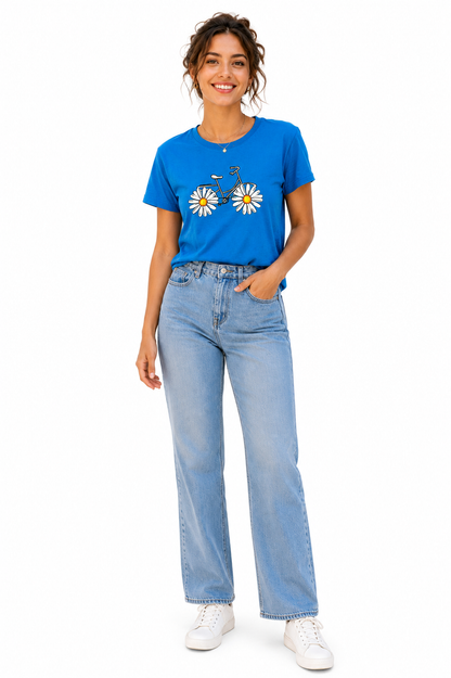 Blooming Bicycle Graphic T-Shirt for Women – Cute Daisy Floral Tee | Casual Summer Cotton Top