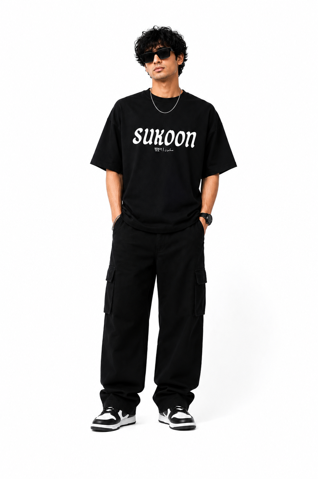 Sukoon Oversized T-Shirt for Men & Women | Peace Typography Graphic Tee | Black Unisex Streetwear